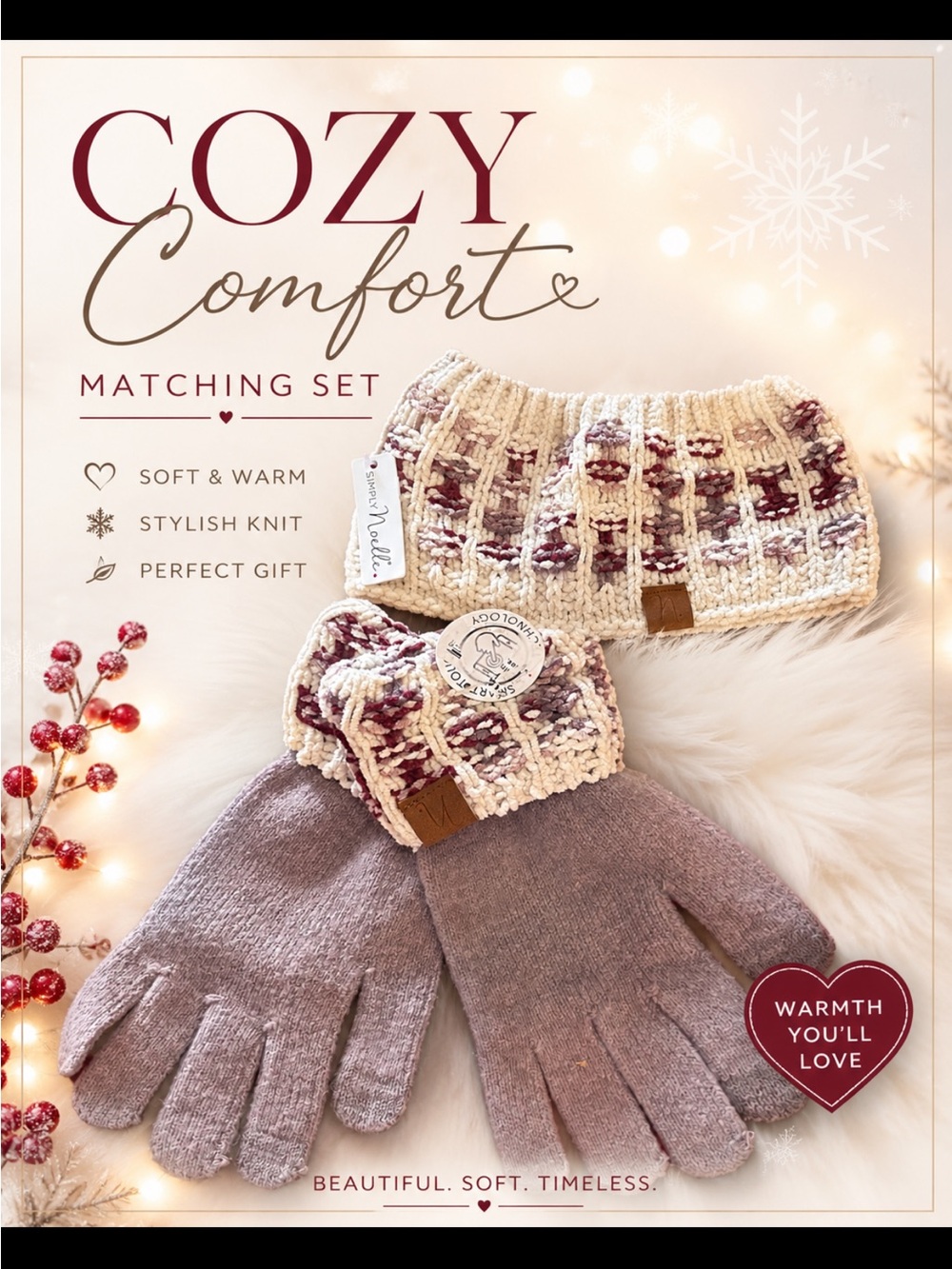 Cozy Comfort Matching Knit Headband & Gloves Set - Cream & Mauve